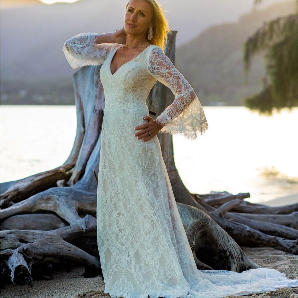 BOHO LACE WEDDING DRESS WITH V NECK AND BELL SLEEVES